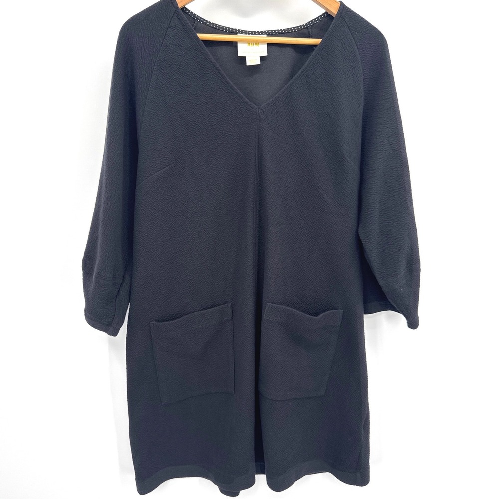 Maeve Women Dress Medium Black Textured V-Neck Mini Shift Pockets 3/4 Sleeve